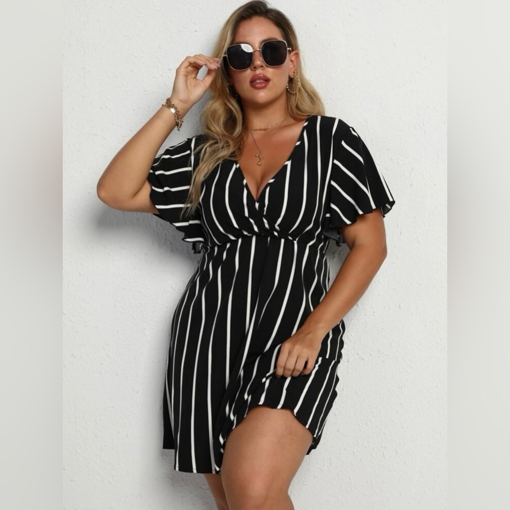 NWOT 14 (1XL) SHEIN UNITY Plus Striped Surplice Neck A-Line Dress